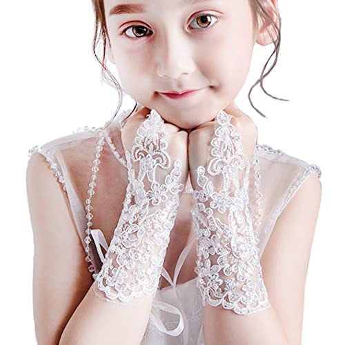Kids Lace Communion Gloves Wedding Pageant Princess Flower Girls Gloves dress up, One Size, 4-ivory/Lace