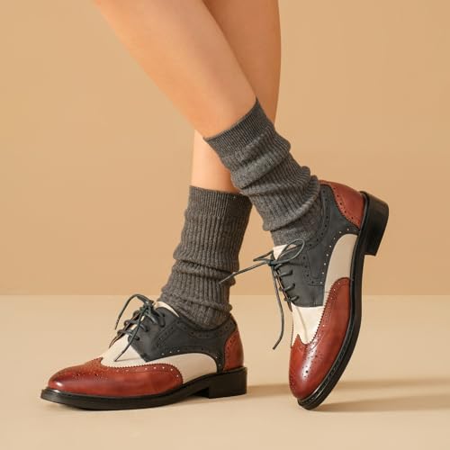 Image of BEAU TODAY Oxford Shoes for Women,Leather Brogue Dress Shoes,Comfort Brethable Ladies Lace-up Handmade Wingtip Shoes for Business Work