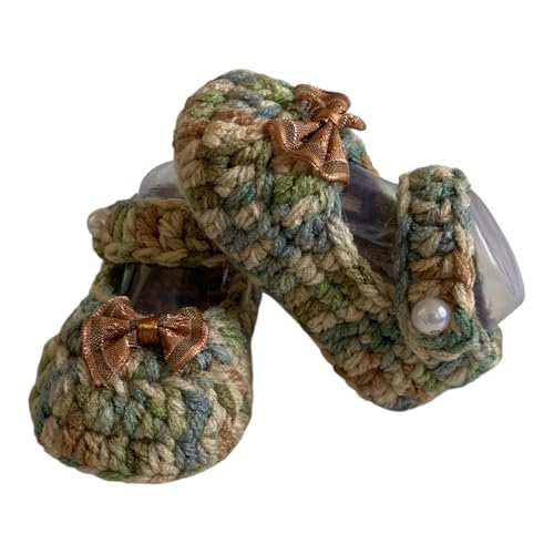 Handmade Crochet Baby Mary Jane Shoes, Cotton Knit Booties with Bow, Camo Green and Brown