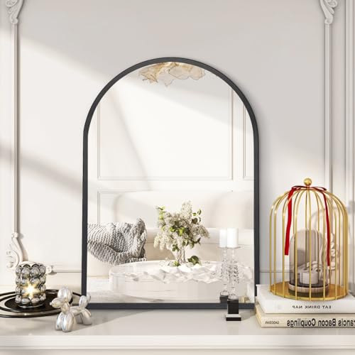 Image of Arched Wall Mirror, 26 inchx18 inch Black Arch Mirror, Metal Frame Black Bathroom Mirror, Arched Vanity Mirror for Living Room Bedroom Mantel Entryway