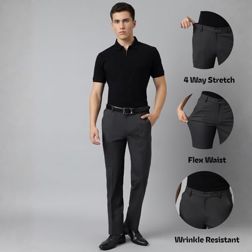 Image of SUBTRACT Men 4 Way Stretch Wrinkle Free Slim Fit Formal Trouser in with 2 Inch Flexible Waistband | Men's Trousers for Office Or Party