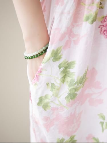 Image of Women's Plus Size Casual Dresses Pink Floral Print Loose Maxi Dress Short Sleeve O Neck Lounge Dress