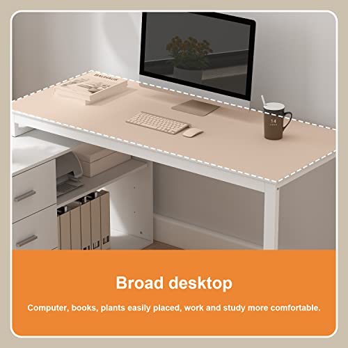 Fufu&Gaga 55.1" Large L-Shaped Office Desk With 41.3" File Cabinet, Corner Computer Desk With 3 Drawers & 2 Shelves, Workstation Executive Desk With Storage Shelf For Home Office (White) #TOP4