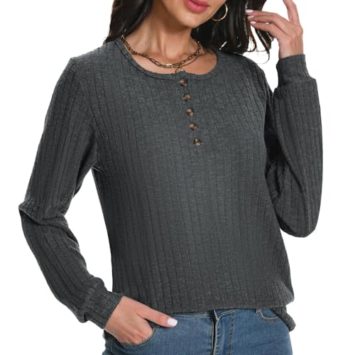 Rolcoassuns Damen Pullover Rundhals Langarm Henley Shirts Casual Leichte Tunika Strickpullover Modische Oberteile