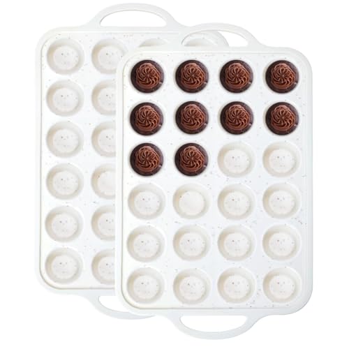 Muffin Pan With Metal Reinforced Frame - 24-Cups Durable Silicone Muffin Pan for Muffins, Cupcakes, BPA Free and Oven Safe - Beige with Coffee Spots, Set of 2