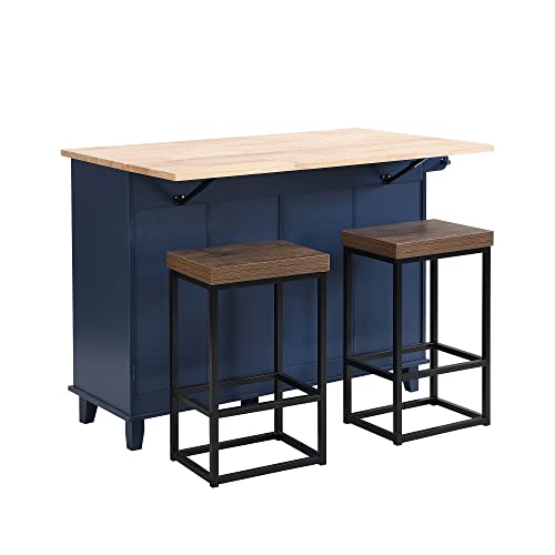 Image of Farmhouse Rustic Dining Table Set with Drop Leaf and 2 Stools,Kitchen Island Set with 4 Drawers,Towel Rack and Storage Cabinet,for Small Places Furniture (Blue+Black+Brown#F)