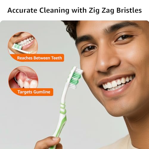 Image of Amazon Basics MultiPro ZigZag Toothbrush for Adults, Multicolour | 12-Count (4 x 3 Packs) | Soft Bristles for Deep Cleaning, Plaque Removal & Gentle Gum Care