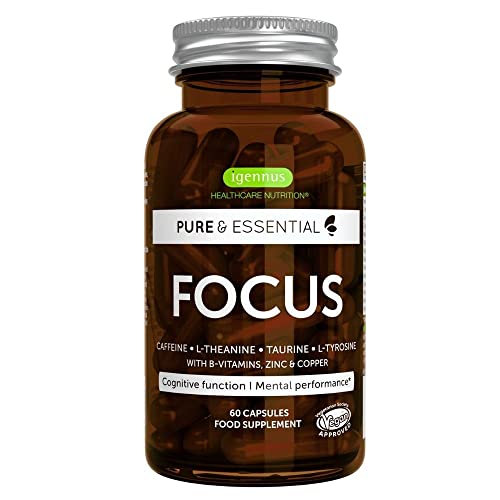 Pure & Essential Focus - Brain Effect avec 200mg de Caféine, L-Théanine, Taurine, L-Tyrosine. Énergie, Concentration & Mémoire. 60 capsules - Vegan Cover