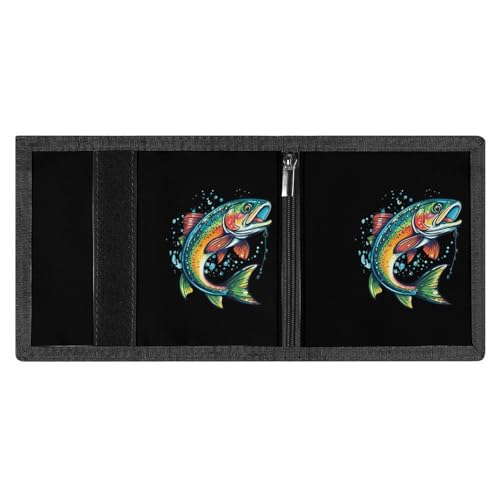 Rainbow Trout Print Trifold Wallet for Men Women Portable Slim Purse Zip Closure Pocket Wallet4