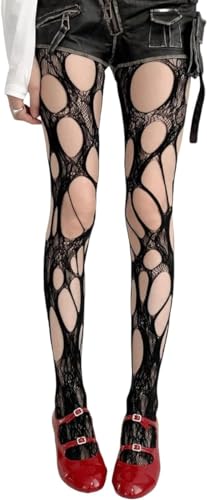 Image of Women's Ripped Fishnet Tights, Irregular Distressed Hole Mesh Stockings, Y2k Lace Sheer Pantyhose