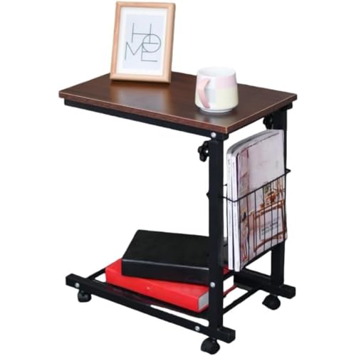 Neboka 昇降可能なベッドサイドテーブル 凹型デザイン 移動可能 キャスター付き 収納ラック付き 汚れ落としやすい シンプルでモダン ゆったりとしたコンピューターテーブル ソファ 小さなデスク (レッドウォルナット)