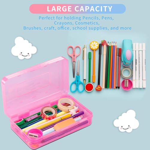 Sooez 1 Pack Pencil Case, Clear Pencil Box with Stickers, Large Plastic Crayon Box with Snap-tight Lid, Stackable Storage Box Art Craft Marker Organizer Box for Kids Boys Back to School, Pink