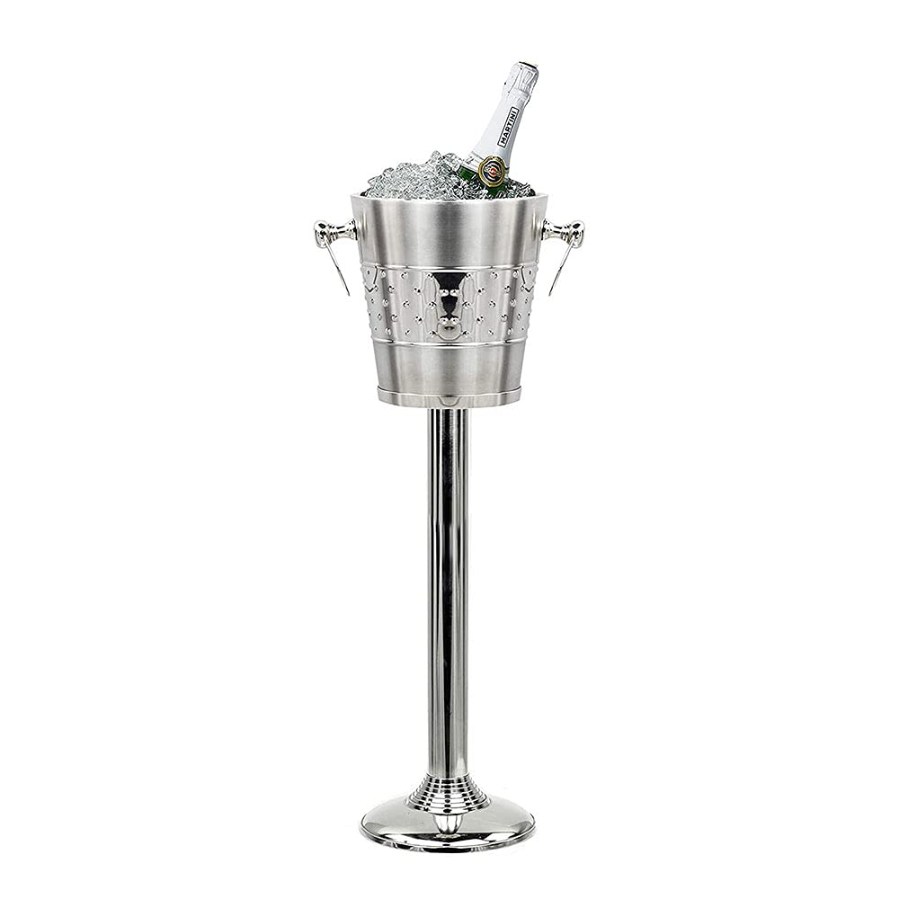 Indo-Persian Double Walled Insulated Brushed Nickel Plated Majestic Wine & Ice Bucket with Steel Bucket Stand | Wine Chiller on Stand Kitchenware Bar Ware