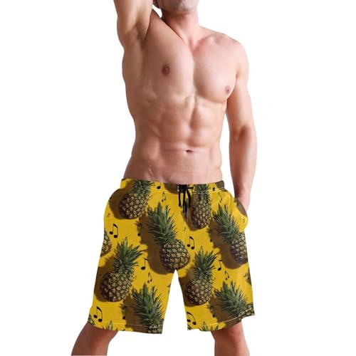 Men's Swim Trunks Music Pineapple Print, Quick Dry Beach Board Shorts with Lining-S4