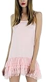 Women High Low Knit Lace Ruffle Full Slip Top Mini Dress Extender (PINK, LARGE)