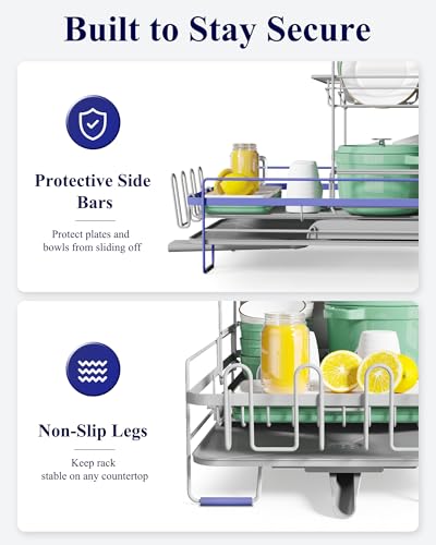 Image of Kitsure Extendable Dish Drying Rack, 19.2 inch-26.7 inch L x 12.9 inch W, 2-Tier | Large Dish Rack, Multifunctional Dish Rack for Kitchen Counter, Anti-Rust Dish Drainers with Cutlery & Cup Holders,Grey