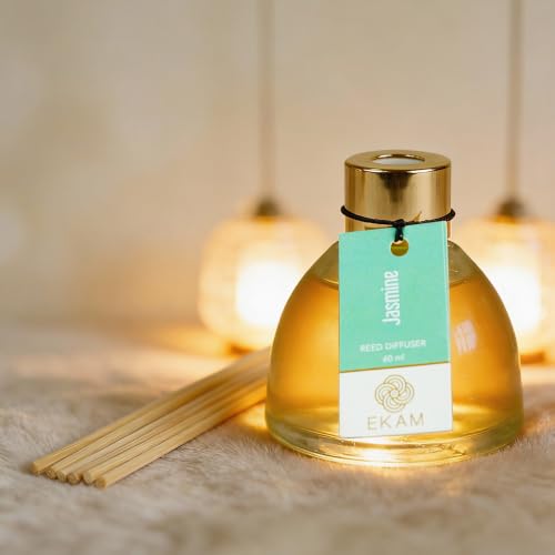 Image of Ekam Frosted Glass 60ml Jasmine Reed Diffuser Set | Free 6 Fiber Reed Sticks | Stress Relief & Aromatherapy | Long-Lasting Home Fragrance (Up to 60 Days) | Air Freshener for Room, Bedroom & Bathroom
