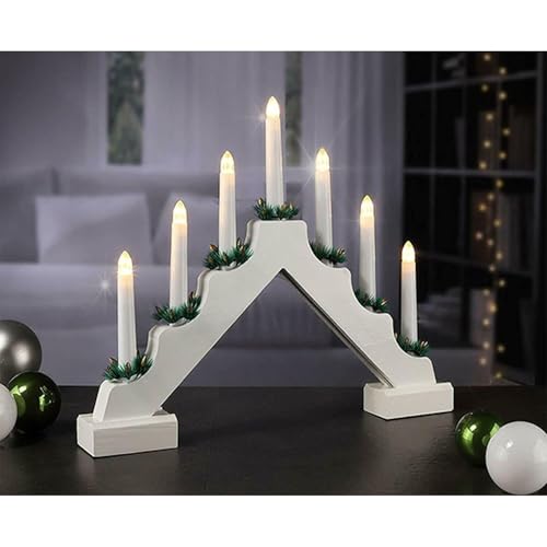 GEEZY Wooden Christmas Candle Bridge Arch with 7 LED Candles, Timer Function & White Finish - Battery Operated Warm White LED Christmas Lights - Xmas Decorations & Ornaments for Window Sills, Mantels