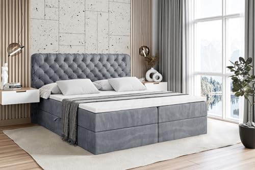 ALTDECOR Boxspringbett mit Matratze und Lattenrost, Boxbett, Topper, Polsterbett mit Bettkasten, Bett mit Stauraum H3-Matratze, Doppelbett, Springboxbett - BOXI8-160x200 - Grau Samt