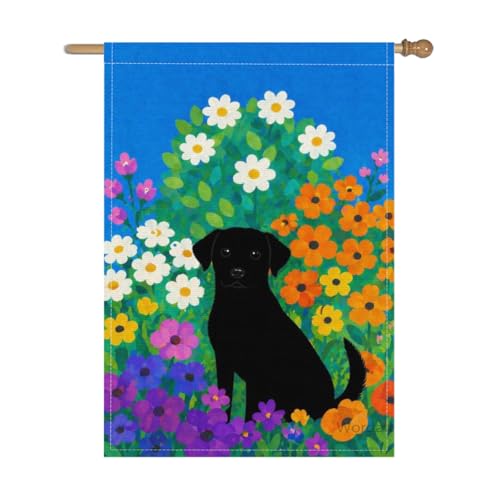 Wordatu Hello Summer Flower Black Labrador Dog Garden Flag 28x40 Inch Vertical Double Sided Farmhouse Holiday Outside Decorations Yard Flag Spring and Summer Black shadow (18302)