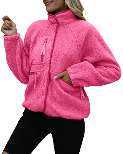 Reachme Womens Casual Lapel Long Sleeve Sherpa Jacket Button Down Fuzzy Fleece Coat Winter Y2K Outwear With Pockets(3 Hot Pink,S) #TOP2