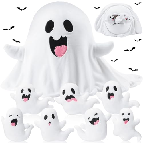 Image of Liliful 16 Inch Ghost Plush Toy Sets Ghost Stuffed Animal Mommy Pillow with 7 Cute Plush Babies Soft Funny White Plushes Gift for Boys Girls Birthday Holiday(Spooky)