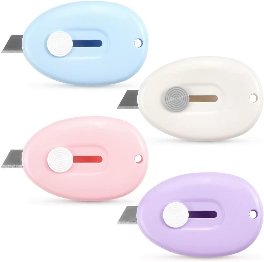 Tamaki 4 Pack Mini Box Cutter Retractable Utility Knife Letter Opener Envelope Slitter, Box Cutter with Key Chain Hole (Blue, Pink, Purple, White)