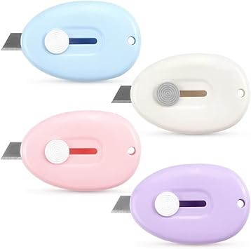 Tamaki 4 Pack Mini Box Cutter Retractable Utility Knife Letter Opener Envelope Slitter, Box Cutter with Key Chain Hole Blue, Pink, Purple, White