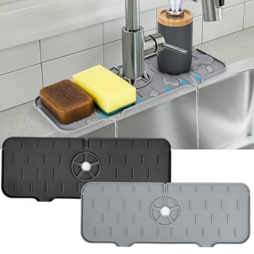 2 Unidades Alfombrilla Fregadero Cocina | Estera de Secado de Silicona Protector Encimera y Escurridor de Estropajos Cubre Salpicaduras Alfombrillas de Goma para Drenaje | Gris y Negro