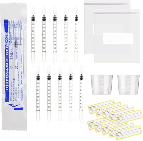 30 Pcs Colostrum Collection Kit 1ml Colostrum Syringes with Protective Cap 1ml Syringes with 2 20ml Measuring Cup 2 Breast Milk Storage Bag and 30 Stickers Colostrum Harvesting Kit for Breastfee
