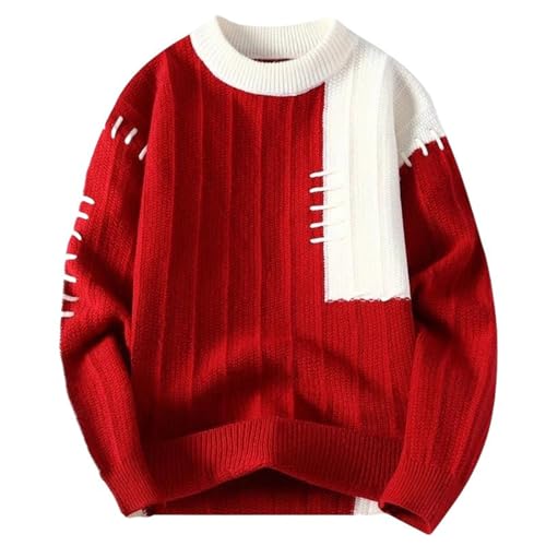 Men’S Color Block Knit Sweater Outdoor Crewneck Winter Warm Jumper Loose Fit Pullover Sweater