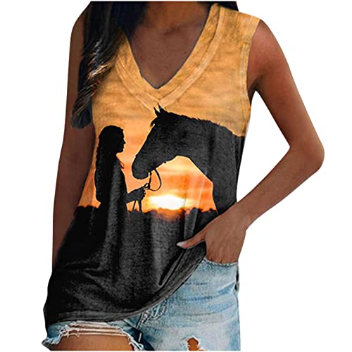 Hatoys Womens Tops Round Neck Oversized Tank Top Pullover Sunset Horse and Girl Printed T Shirt Tunics Longline Tops