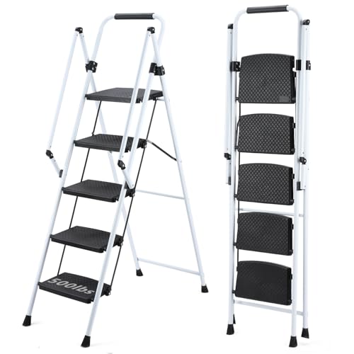 Image of 5 Step Ladder, Folding 5 Step Stool with Handrails, Sturdy Steel Ladder with Wide Pedal, Ladders for Home Kitchen Pantry Office, Lightweight Sturdy Steel Ladder for Adults Portable, White