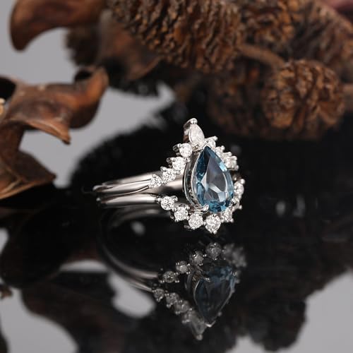 Bridal Wedding Rings Set for Women 1.50CT Natural London Blue Topaz Art Deco 925 Sterling Silver Engagement Promise Ring for Her Size 4-94