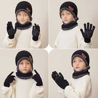 Enfants Bonnet, Écharpe et Gants Ensemble 3PCs Bonnet en Tricot à Doublure Polaire Chaude Cercle D'écharpe Thermique avec Gants à Écran Tactile Pour Garçons Filles