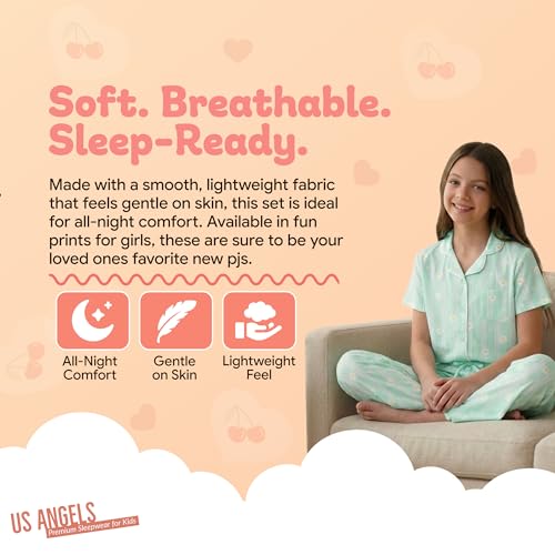 Image of US Angels Girls Pajama Set 3 Piece, Short Sleeve Button Down PJs with Shorts & Pants, Soft Sleepwear Girls & Tweens Size 5-16