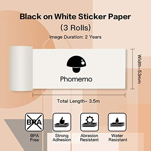 Phomemo M02/M02 Pro/M02S/M03 White Sticker Paper, Black on White Thermal Paper, 50mm x 3.5m, Diameter 30mm, 3-Rolls