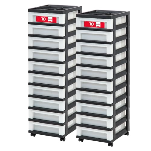 Image of IRIS USA Plastic Drawer Storage Organizer Rolling Cart, 2-Pack, with Wheels Casters, 10-Drawers, for Classroom Art Craft Supplies Dresser Closet Bathroom Laundry Room, Black /Pearl