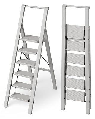 Mayi Plus 6 Step Ladder, Lightweight Folding Step Stool with Convenient Handgrip,Aluminum 330lbs Capacity Step Ladder for Office,Household,Kitchen,Library(Grey)