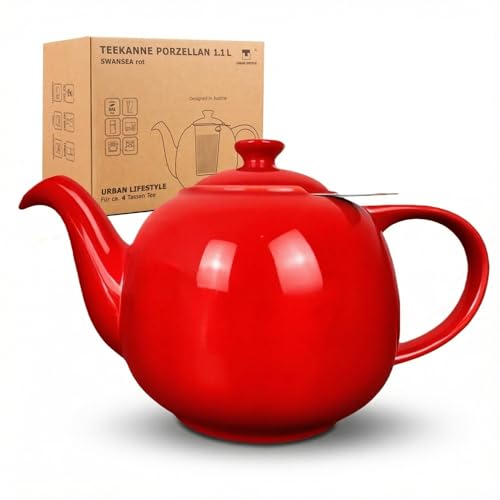URBAN LIFESTYLE Tetera con infusor SWANSEA – Tetera de porcelana roja 1 L con filtro para té a granel, vertido antigoteo