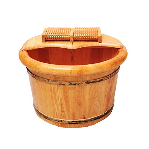 Wooden Foot Basin,Solid Wood Foot Tub, Pedicure Bowl Spa Massage Cedar Pedicure Barrels Household Foot Bath Barrel，with lid with Massager