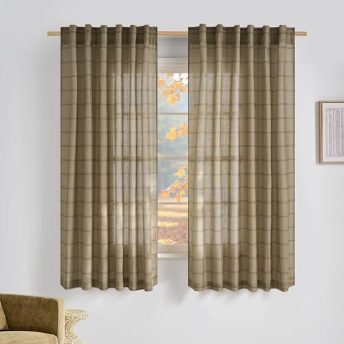 NICETOWN Plaid Linen Window Curtains 63 inches Long for Living Room/Bedroom/Office, Farmhouse Light Filtering Rod Pocket Back Tab Window Covering, 52"