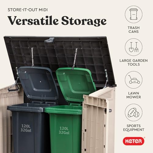 Image of Keter Store-It-Out MIDI Outdoor Resin Storage Shed - Weather-Resistant Horizontal Cabinet for Trash Cans, Garden Tools & Patio Accessories - Lockable, Easy-Lift Lid, 30 Cu. Ft. Capacity, Beige