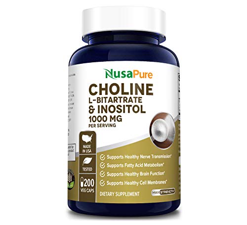 Choline & Inositol 1000mg 200 Veggie Caps (100% Vegetarian, Non-GMO & Gluten Free)