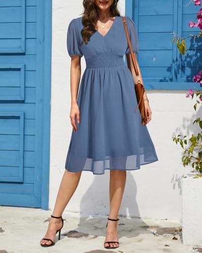 Image of Holipick Women Summer Casual Dress Wedding Guest V Neck Short Sleeves Smocked Waist Chiffon Swing Knee Length Midi Dresses