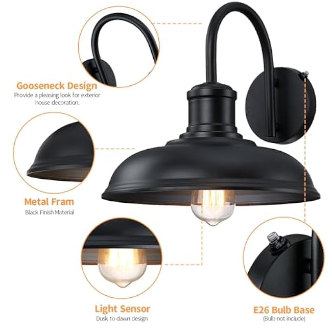 12'' Dusk to Dawn Outdoor Gooseneck Barn Light, 2-Pack Outdoor Wall Sconce Farmhouse Exterior Light Wall Lighting Fixture Industrial Black Wall Lantern for Porch, Entryway, Garage, Black