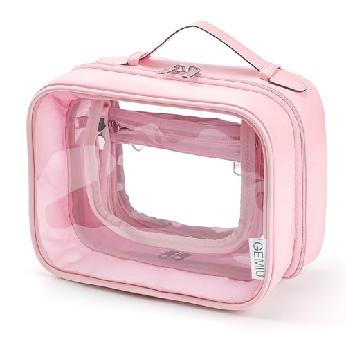 Clear Makeup Bag Toiletry Bag for Women 4 Compartments Travel Cosmetic Case Large Capacity Waterproof Skincare Pouch Organizers with Zippe Deep Pink