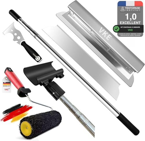 VKE Set Couteau à Enduire Professionnel avec Perche Télescopique 2,1m Poignée ergonomique,6PCS Spatule Enduit Multifonctions,Lame 60cm Droit/Angle pour...