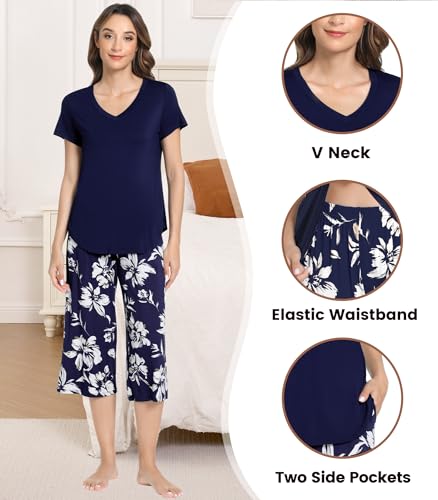 Image of NACHILA Bamboo Viscose Pajamas for Women Lace V Neck Capri Pants Pjs Set