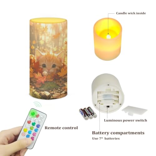 Image of Poceacles Flameless Candle Electric LED Lights with Timer Remote Color Lights, 3 AAA Batteries Operated (Not Include) Tealight for Home Indoor Fall Decor, Cartoon Cat Fall Forest Autumn Leaf